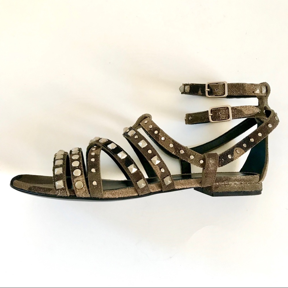 NEW YEAR SALE! NWT SAINT LAURENT RUGGED SUEDE CAMOUFLAGE SILVER STUDDED SANDAL - Picture 5 of 14